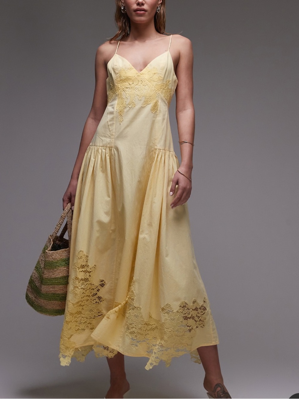Topshop cutwork lace poplin midi sundress in lemon